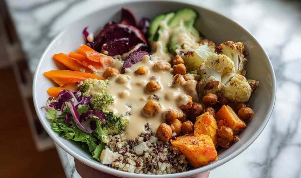 Colorful vegan buddha bowl with quinoa chickpeas roasted sweet potatoes and tahini dressing for healthy plant-based meal