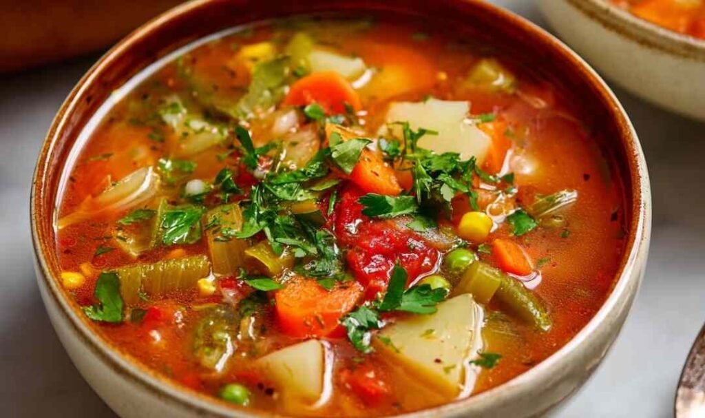 A large pot of easy vegetable soup simmering on the stovetop, filled with carrots, potatoes, green beans, corn, and peas in a savory vegetable broth