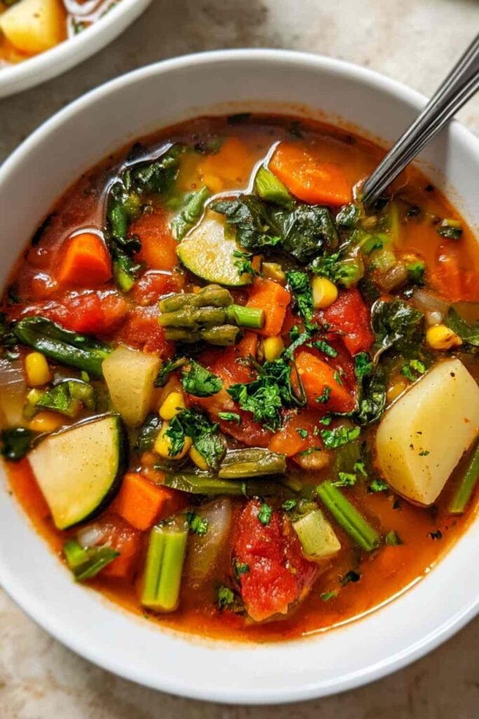 A large pot of easy vegetable soup simmering on the stovetop, filled with carrots, potatoes, green beans, corn, and peas in a savory vegetable broth