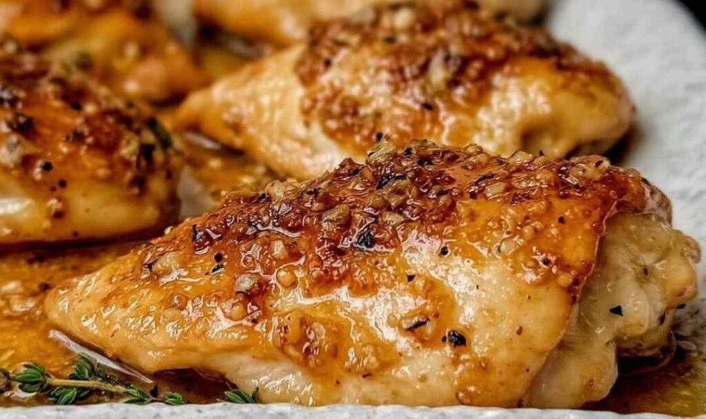 Juicy brown sugar garlic chicken with caramelized glaze in a casserole dish