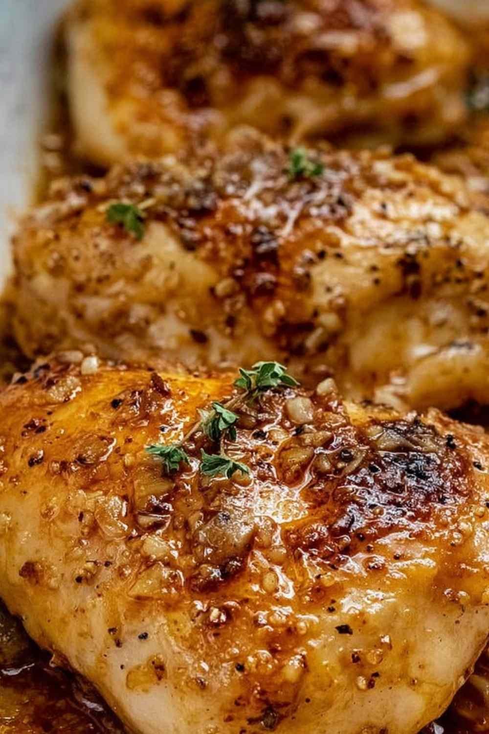 Juicy brown sugar garlic chicken with caramelized glaze in a casserole dish