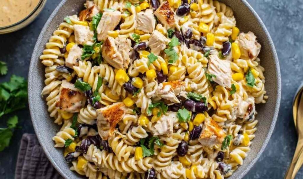 Overhead shot of BBQ Chicken Pasta Salad with shredded chicken, black beans, corn, and creamy BBQ dressing in a large white bowl
