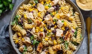 Overhead shot of BBQ Chicken Pasta Salad with shredded chicken, black beans, corn, and creamy BBQ dressing in a large white bowl