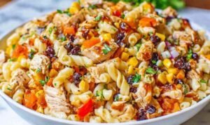 BBQ Chicken Pasta Salad Large bowl of BBQ chicken pasta salad with shell pasta, black beans, red and orange bell peppers, corn, and cilantro tossed in creamy BBQ dressing