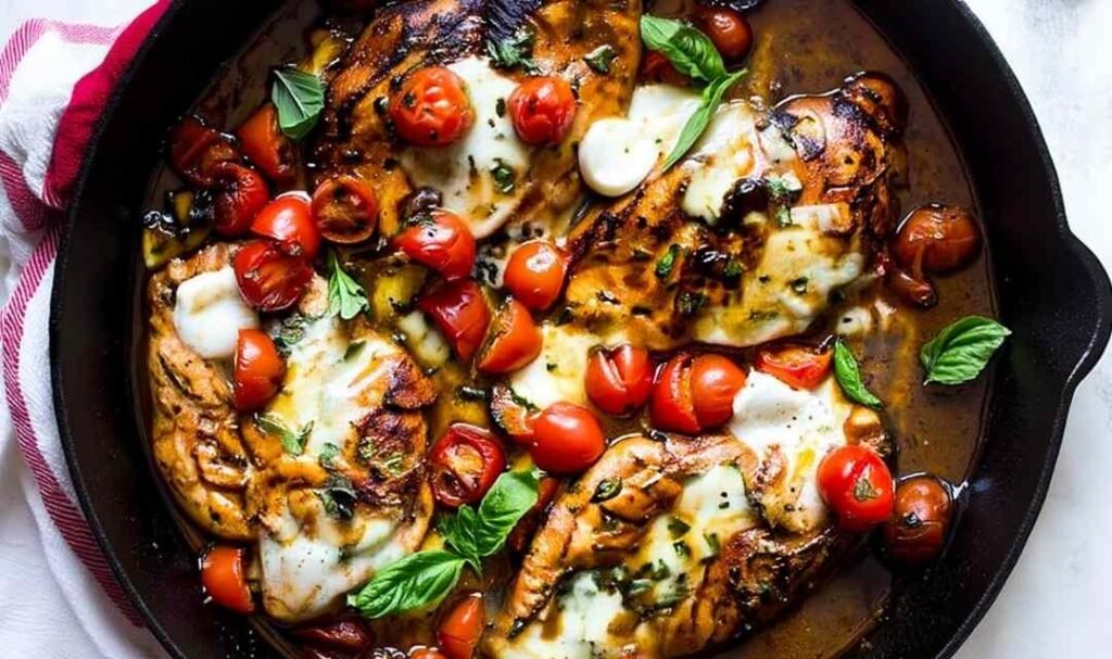 Baked balsamic chicken in a cast iron skillet with melted mozzarella, roasted grape tomatoes, and fresh basil
