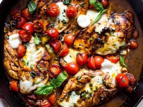 Baked balsamic chicken in a cast iron skillet with melted mozzarella, roasted grape tomatoes, and fresh basil