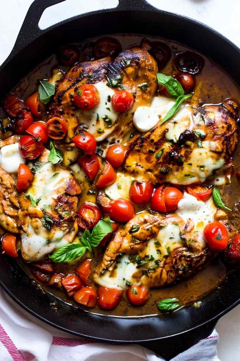 Baked balsamic chicken in a cast iron skillet with melted mozzarella, roasted grape tomatoes, and fresh basil
