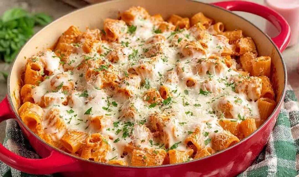 Baked chicken parmesan pasta in a 9x13 baking dish with golden broiled mozzarella and fresh basil