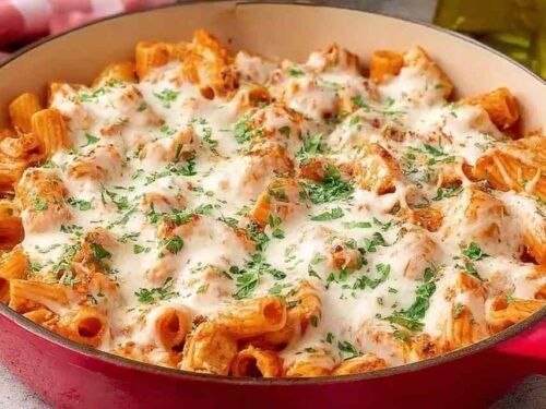 Baked chicken parmesan pasta in a 9x13 baking dish with golden broiled mozzarella and fresh basil