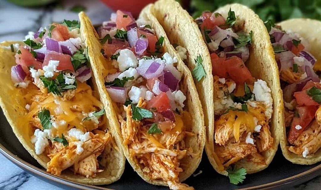 Baked chicken tacos on a baking sheet with golden crispy tortillas and melted Mexican cheese