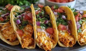 Baked chicken tacos on a baking sheet with golden crispy tortillas and melted Mexican cheese
