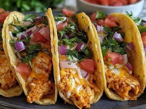 Baked chicken tacos on a baking sheet with golden crispy tortillas and melted Mexican cheese