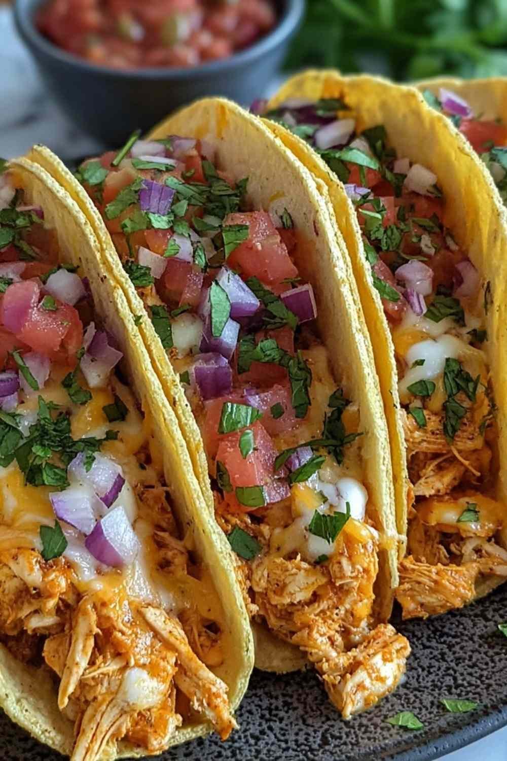 Baked chicken tacos on a baking sheet with golden crispy tortillas and melted Mexican cheese