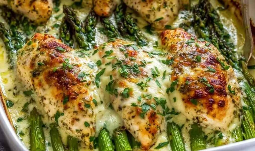 Creamy baked chicken and asparagus in a garlic Parmesan cream sauce in a white baking dish