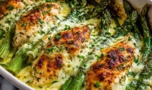 Creamy baked chicken and asparagus in a garlic Parmesan cream sauce in a white baking dish