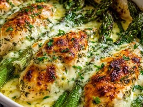 Creamy baked chicken and asparagus in a garlic Parmesan cream sauce in a white baking dish