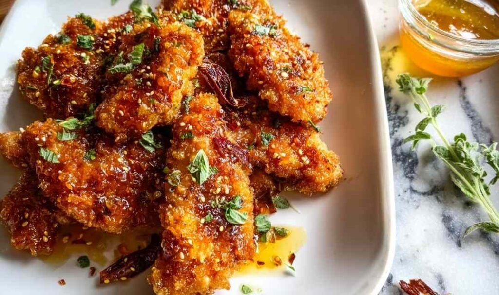 Baked Crunchy Hot Honey Chicken tenderloins on a white platter drizzled with warm hot honey sauce and garnished with fresh herbs
