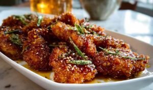 Baked Crunchy Hot Honey Chicken tenderloins on a white platter drizzled with warm hot honey sauce and garnished with fresh herbs