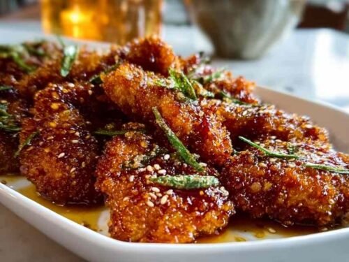 Baked Crunchy Hot Honey Chicken tenderloins on a white platter drizzled with warm hot honey sauce and garnished with fresh herbs