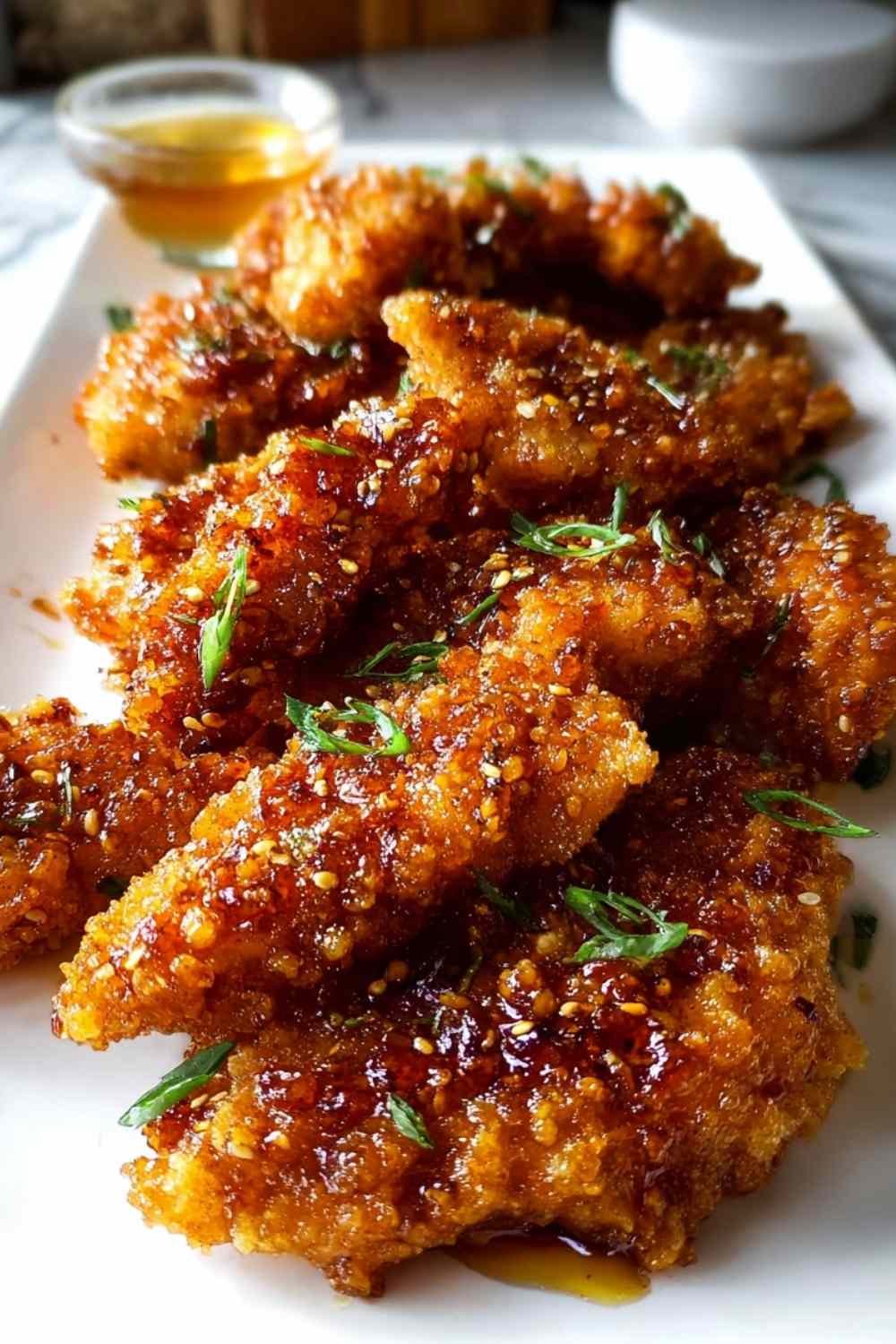 Baked Crunchy Hot Honey Chicken tenderloins on a white platter drizzled with warm hot honey sauce and garnished with fresh herbs