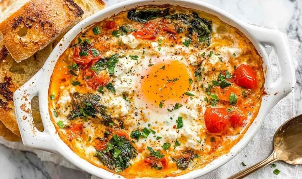 Overhead view of baked feta eggs in a white ceramic ramekin with roasted cherry tomatoes, melted feta, wilted spinach, and a soft-set egg garnished with fresh basil