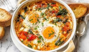 Overhead view of baked feta eggs in a white ceramic ramekin with roasted cherry tomatoes, melted feta, wilted spinach, and a soft-set egg garnished with fresh basil
