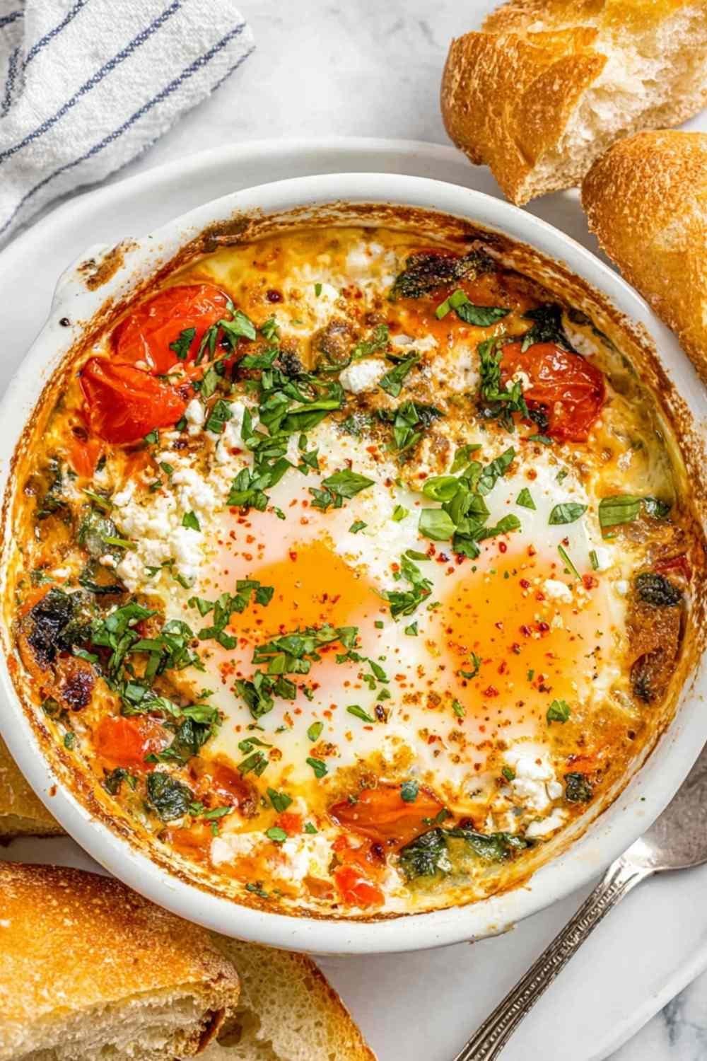 Overhead view of baked feta eggs in a white ceramic ramekin with roasted cherry tomatoes, melted feta, wilted spinach, and a soft-set egg garnished with fresh basil