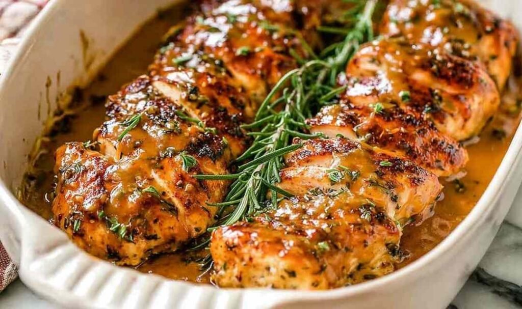 Baked honey mustard chicken breasts in a white baking dish with caramelized glaze and fresh rosemary sprigs