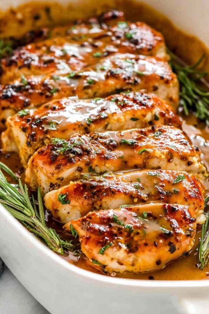 Baked honey mustard chicken breasts in a white baking dish with caramelized glaze and fresh rosemary sprigs