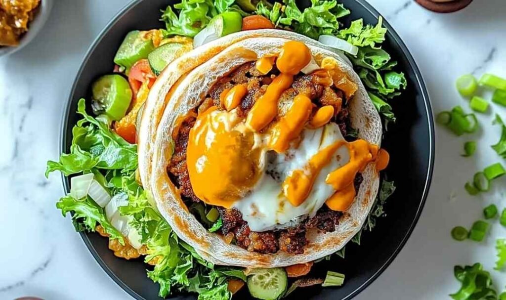 Big Mac Wraps sliced in half on a wooden board showing juicy seasoned ground beef, shredded lettuce, pickles, and melted cheese inside a golden toasted tortilla