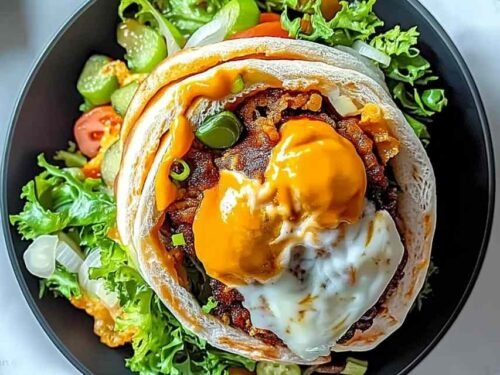 Big Mac Wraps sliced in half on a wooden board showing juicy seasoned ground beef, shredded lettuce, pickles, and melted cheese inside a golden toasted tortilla