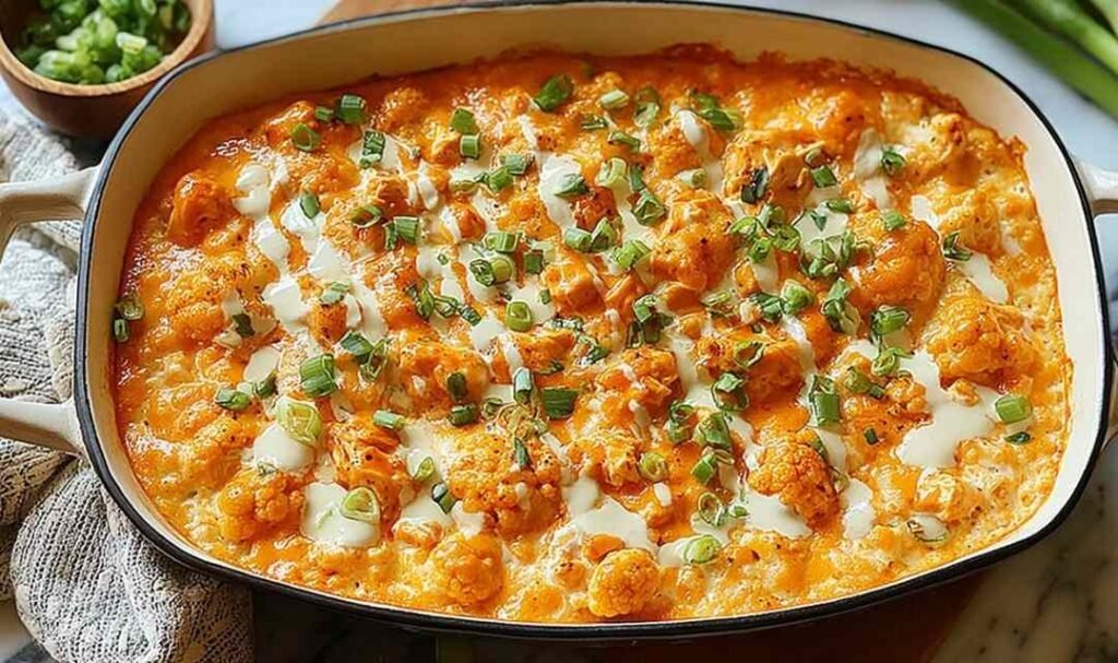 Buffalo Chicken Cauliflower Casserole in a white baking dish with melted cheddar, sliced green onions, and golden bubbly edges straight from the oven