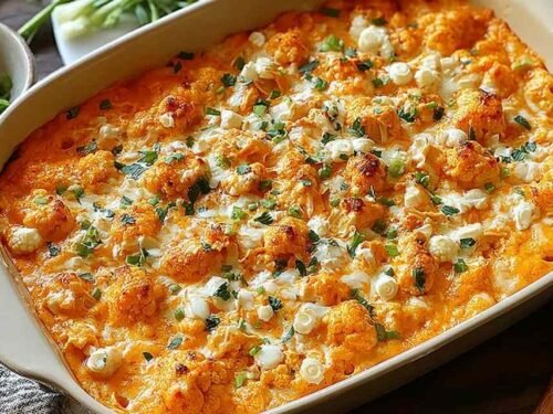 Buffalo Chicken Cauliflower Casserole in a white baking dish with melted cheddar, sliced green onions, and golden bubbly edges straight from the oven
