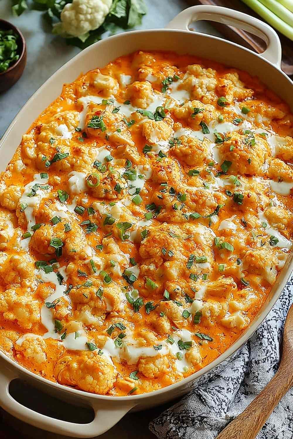 Buffalo Chicken Cauliflower Casserole in a white baking dish with melted cheddar, sliced green onions, and golden bubbly edges straight from the oven