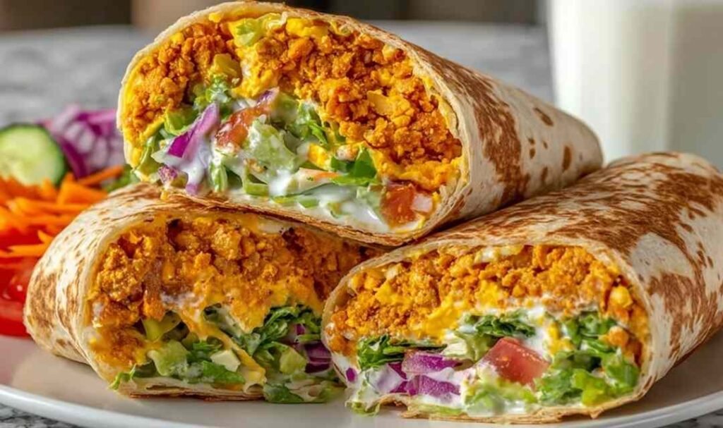 Buffalo chickpea salad wraps sliced in half showing spicy chickpea filling with fresh lettuce and tomatoes