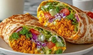 Buffalo chickpea salad wraps sliced in half showing spicy chickpea filling with fresh lettuce and tomatoes