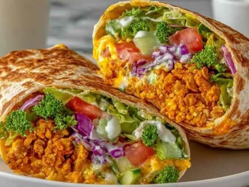 Buffalo chickpea salad wraps sliced in half showing spicy chickpea filling with fresh lettuce and tomatoes