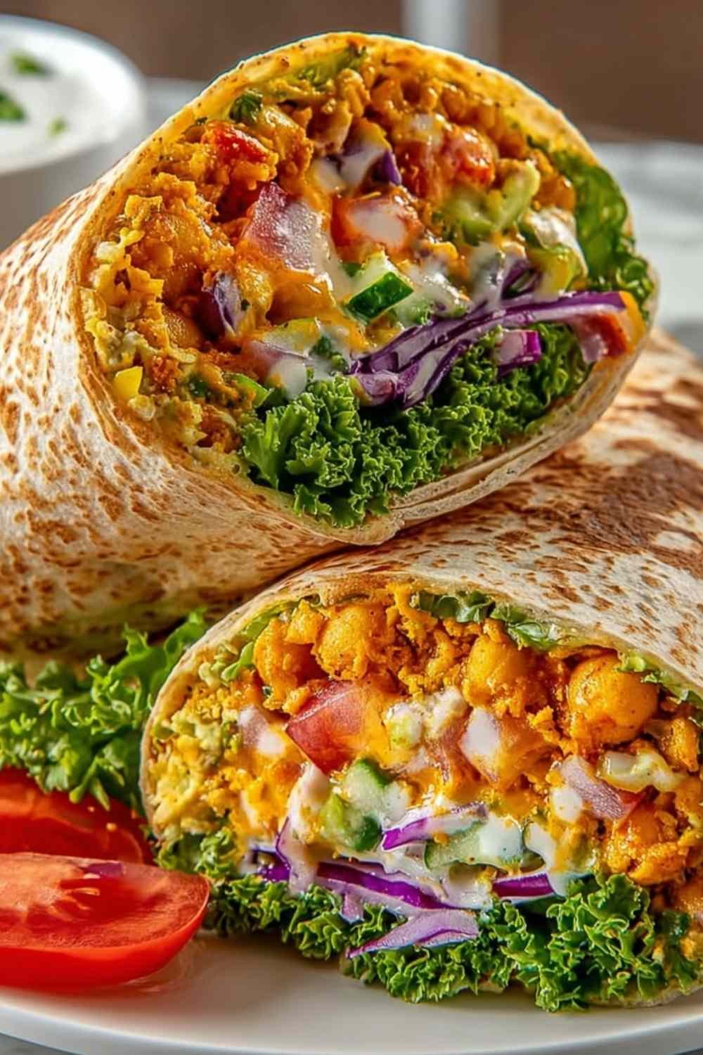 Buffalo chickpea salad wraps sliced in half showing spicy chickpea filling with fresh lettuce and tomatoes