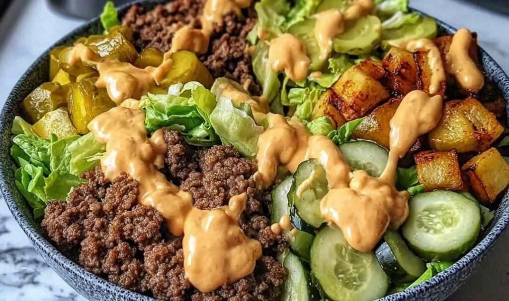 Healthy Burger Bowl with crispy potatoes, seasoned ground beef, shredded lettuce, cheese, pickles, and homemade burger sauce in a white bowl