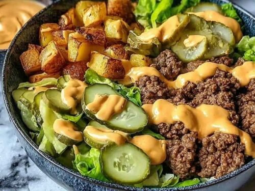 Healthy Burger Bowl with crispy potatoes, seasoned ground beef, shredded lettuce, cheese, pickles, and homemade burger sauce in a white bowl