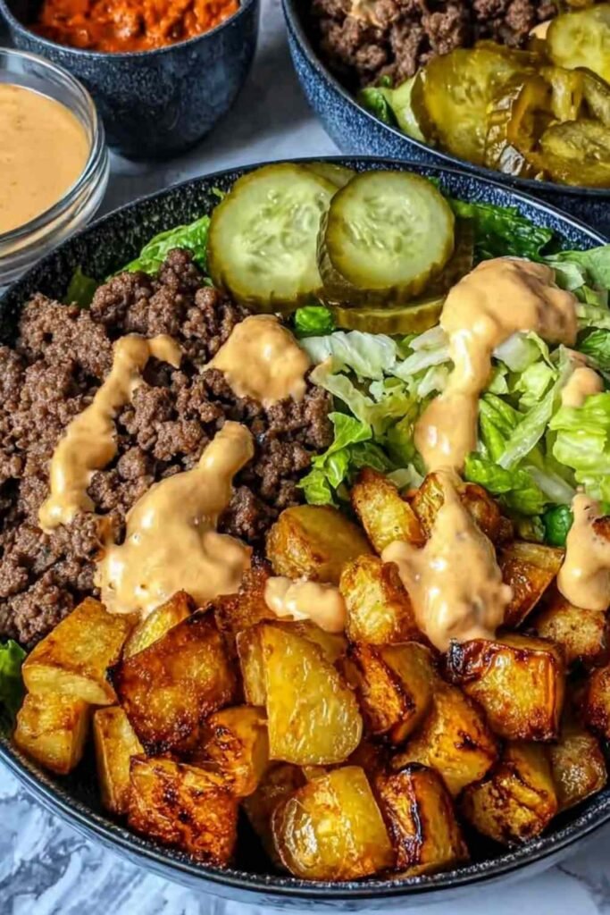 Healthy Burger Bowl with crispy potatoes, seasoned ground beef, shredded lettuce, cheese, pickles, and homemade burger sauce in a white bowl