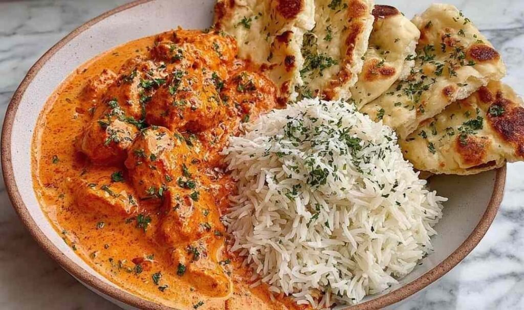 Overhead view of homemade butter chicken recipe in a wide bowl with creamy orange tomato sauce, tender chicken thighs, and fresh parsley garnish alongside warm naan bread