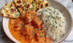 Overhead view of homemade butter chicken recipe in a wide bowl with creamy orange tomato sauce, tender chicken thighs, and fresh parsley garnish alongside warm naan bread