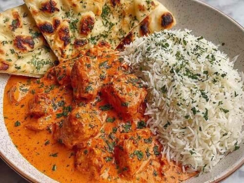 Overhead view of homemade butter chicken recipe in a wide bowl with creamy orange tomato sauce, tender chicken thighs, and fresh parsley garnish alongside warm naan bread