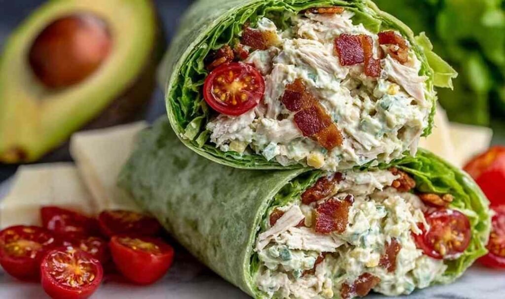 California Club Wraps sliced in half on a wooden cutting board showing layers of crispy bacon, creamy avocado, seasoned rotisserie chicken, and Monterey Jack cheese inside a spinach tortilla