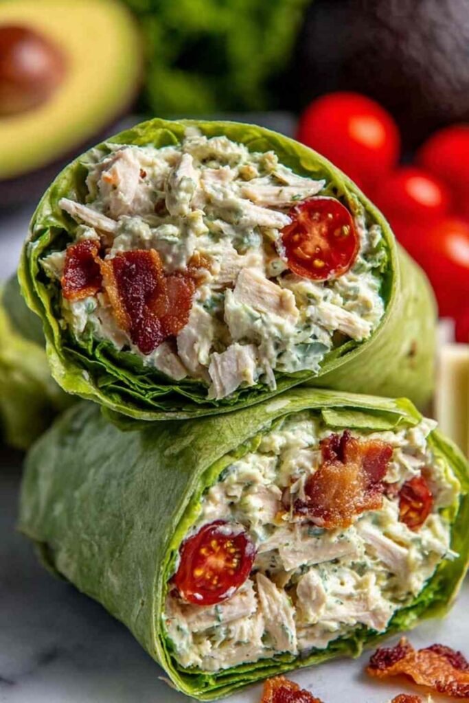 California Club Wraps sliced in half on a wooden cutting board showing layers of crispy bacon, creamy avocado, seasoned rotisserie chicken, and Monterey Jack cheese inside a spinach tortilla