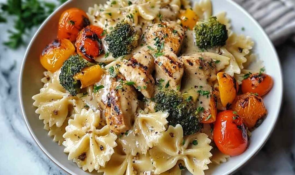 Creamy cheddar Havarti chicken bowtie pasta with roasted broccoli and carrots in a skillet