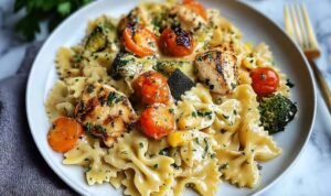 Creamy cheddar Havarti chicken bowtie pasta with roasted broccoli and carrots in a skillet