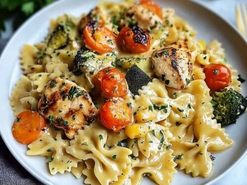 Creamy cheddar Havarti chicken bowtie pasta with roasted broccoli and carrots in a skillet