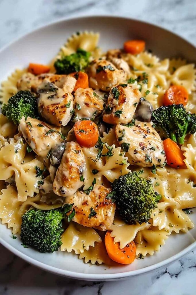 Creamy cheddar Havarti chicken bowtie pasta with roasted broccoli and carrots in a skillet